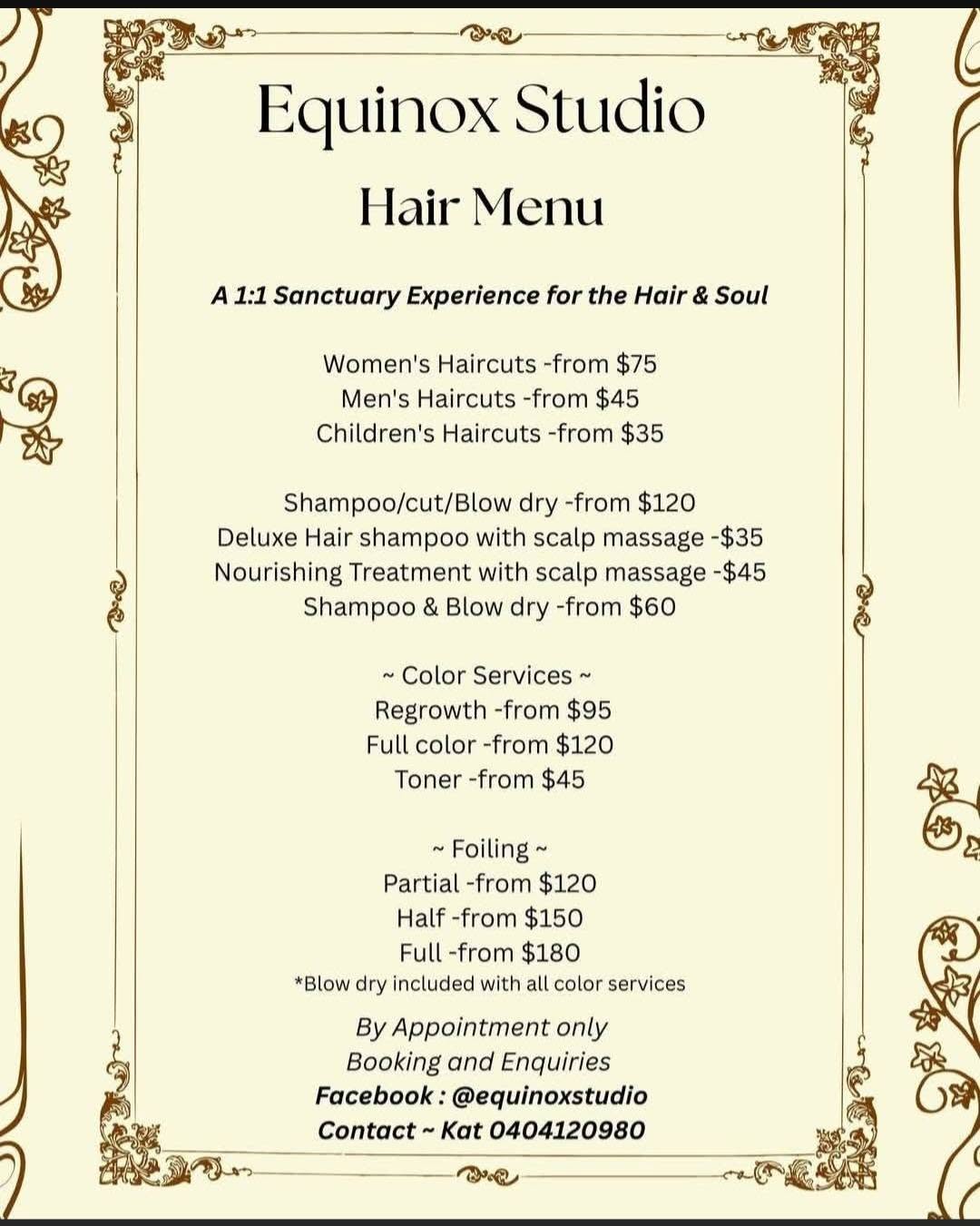 Equinox Studio 2026 hair menu and price list